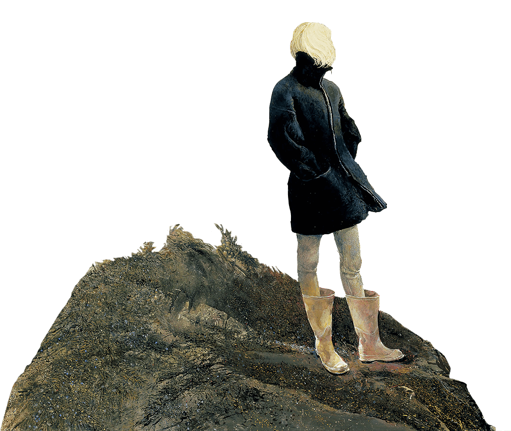 Main Header Illustration A blonde girl with a black coat standing on a rock in a windy weather.